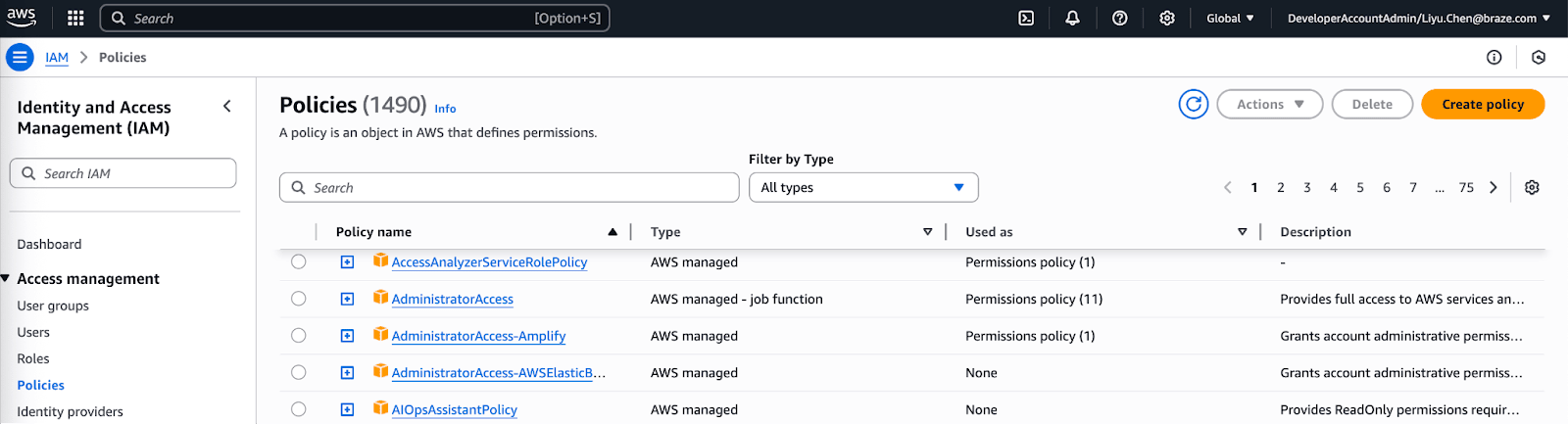 Page avec une liste de politiques et un bouton « Create policy ».