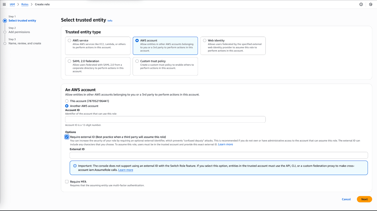 Page avec des options pour sélectionner un type d'entité de confiance et fournir des informations sur votre compte AWS.