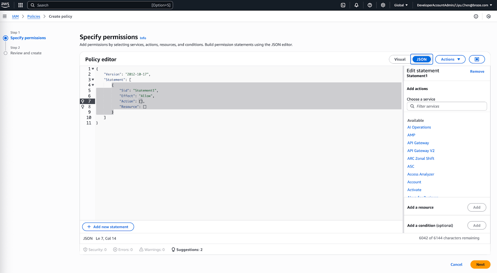 Page permettant de vérifier votre politique et d'ajouter éventuellement des autorisations.