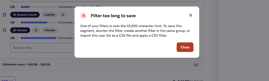 Bannière d'erreur pour un filtre dont la valeur dépasse 10 000 caractères.