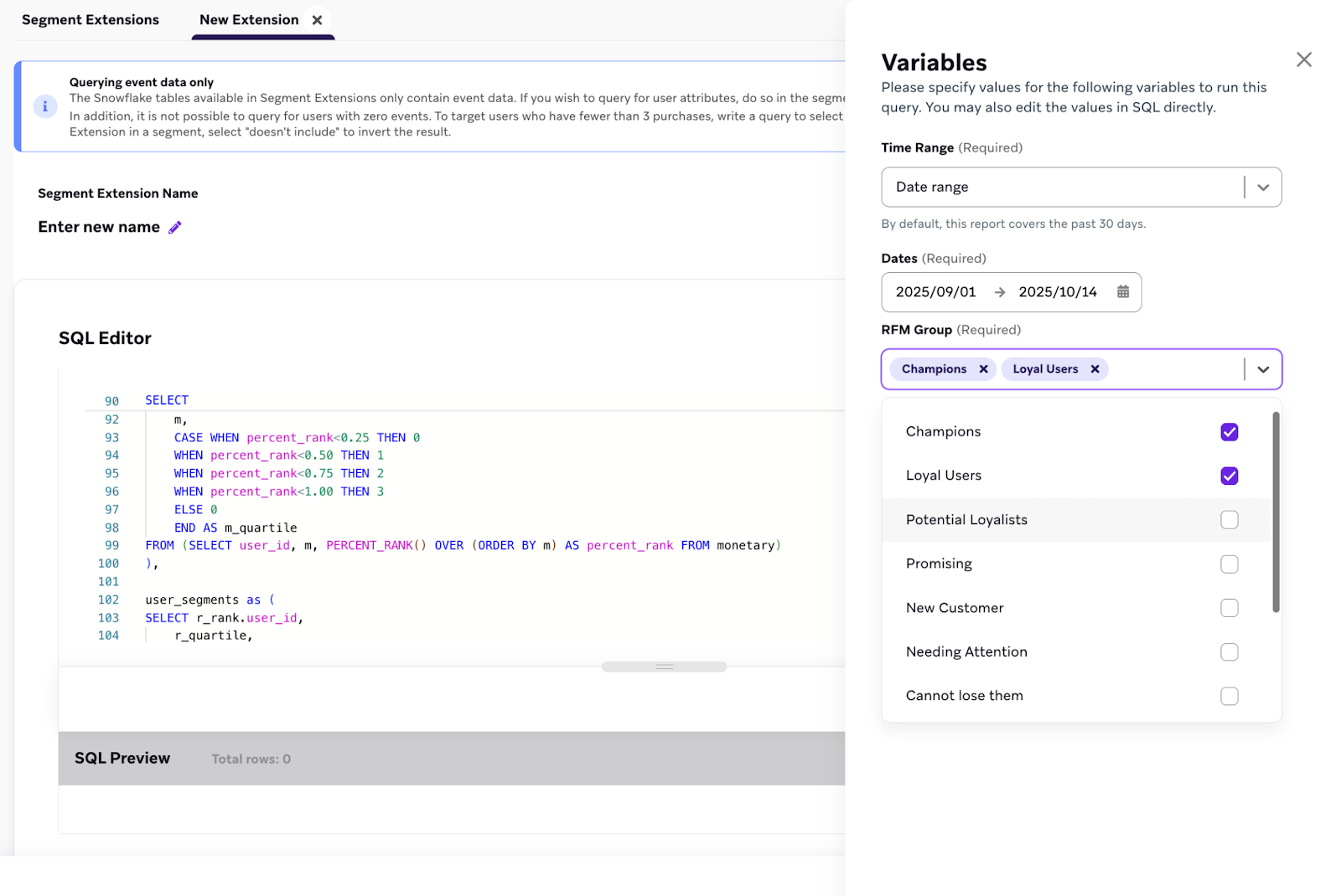 Panneau des variables avec les groupes RFM "Champions" et "Utilisateurs fidèles" sélectionnés.