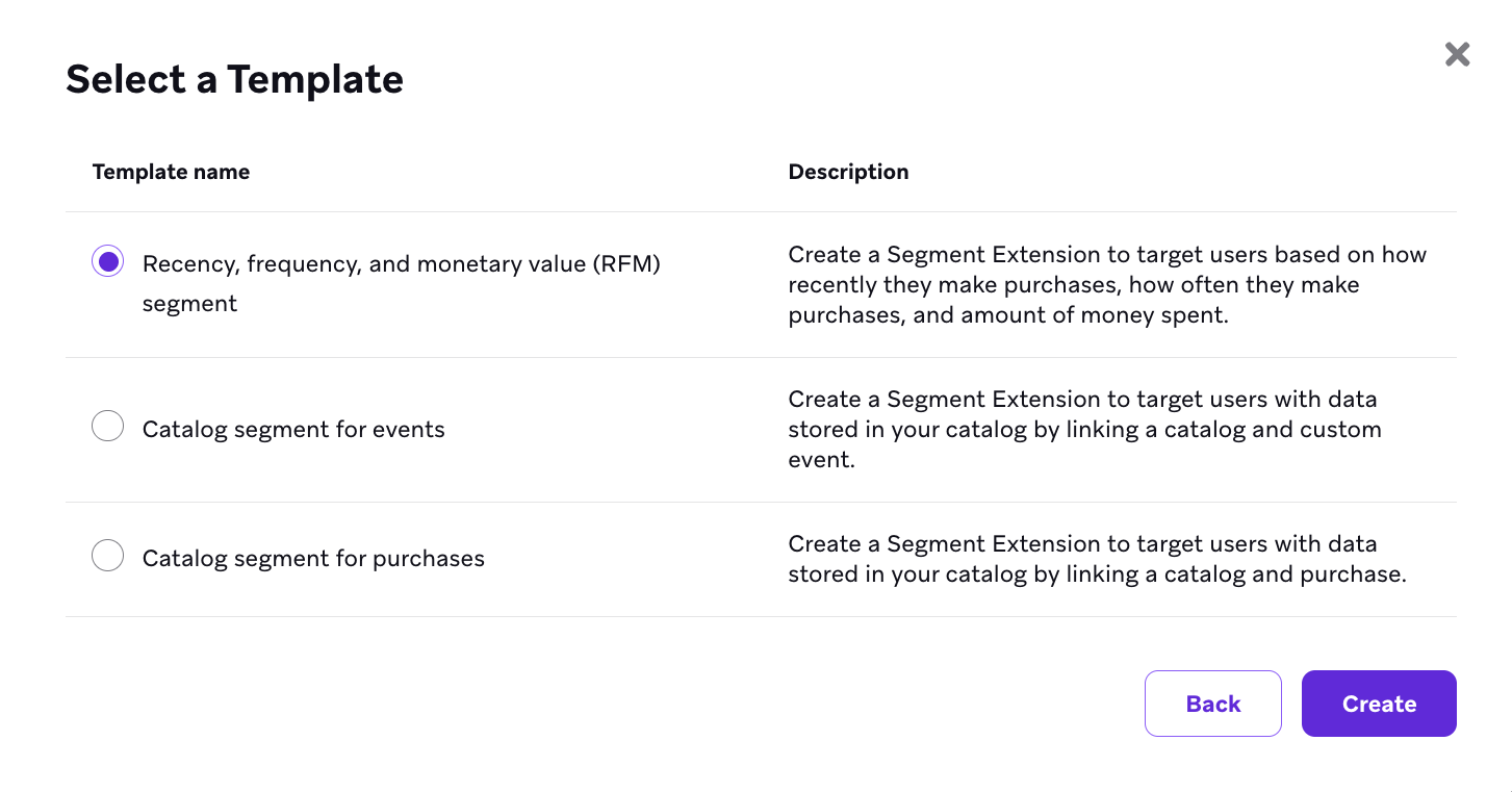 Fenêtre modale offrant la possibilité de créer un segment de catalogue pour les événements, les achats ou les segments RFM.