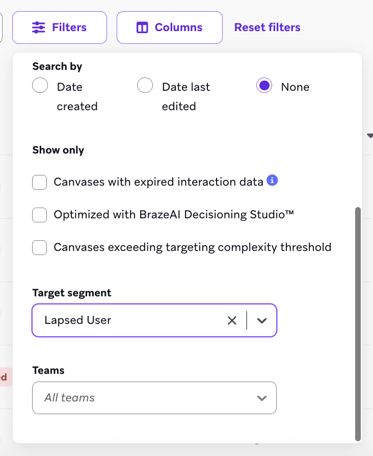 Filtre Segment cible sur la page Canvas.