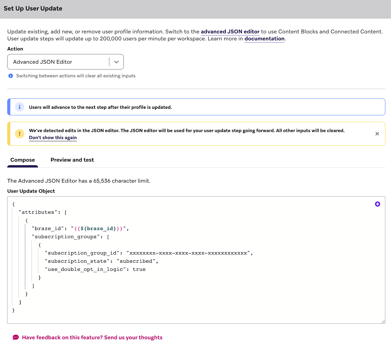 "User Update Object" qui contient le code JSON indiqué précédemment.