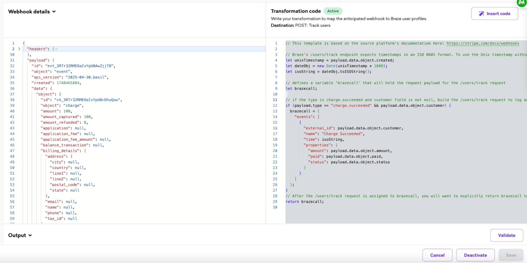 Exemple de détails de webhook et de code de transformation.