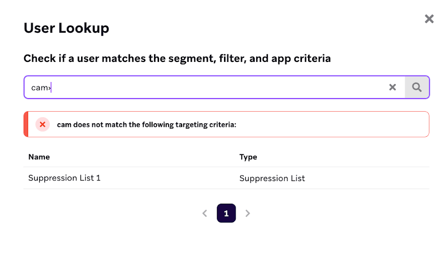 Fenêtre "User Lookup" montrant qu'un utilisateur figure dans une liste de suppression.