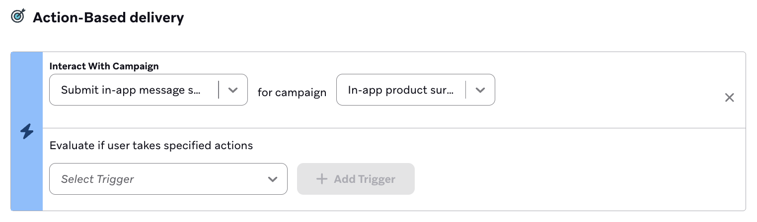Configuration du déclencheur et filtre de segmentation pour le suivi d'enquête par campagne de message in-app.