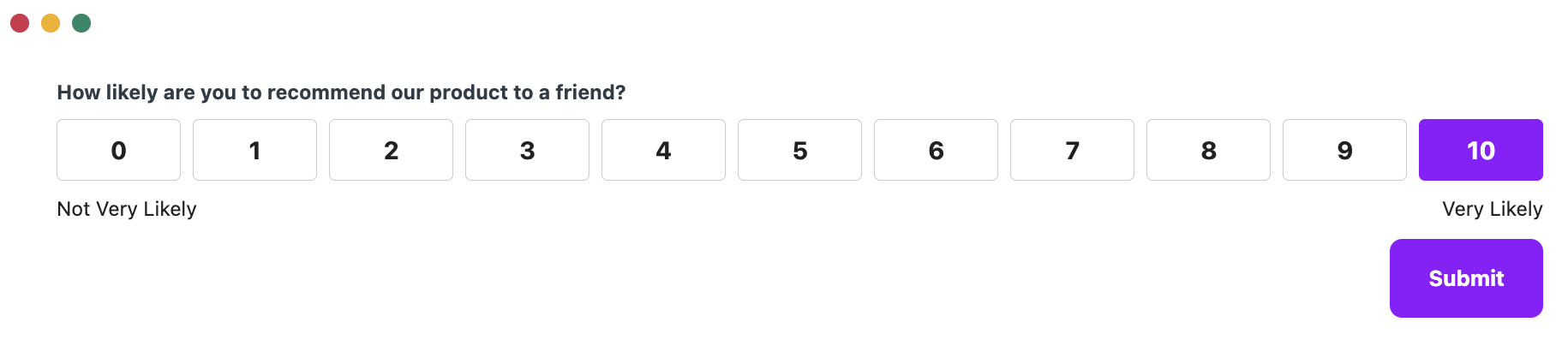 Échelle de notation pour indiquer la probabilité de recommander un produit à un ami de 1 à 10.