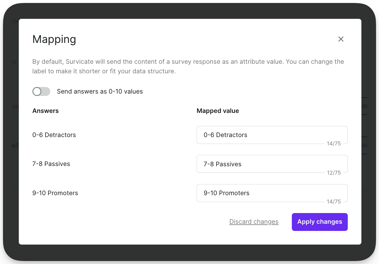 Survicate envoie des valeurs mappées sur la base du groupe de réponses.