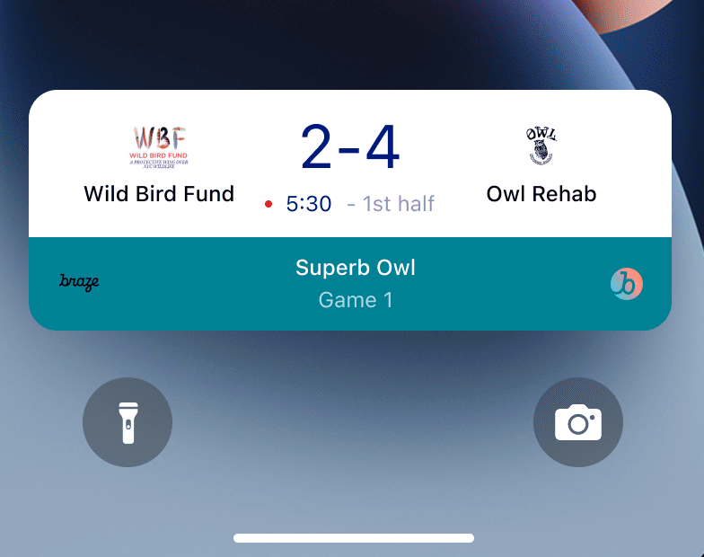 Une activité en direct sur l’écran de verrouillage d’un iPhone avec les scores de deux équipes. L’équipe Wild Bird Fund a 2 points et la Owl Rehab a 4 points.