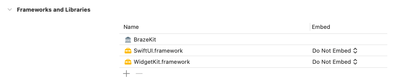 Framework BrazeKit sous Infrastructures et bibliothèques dans un exemple de projet Xcode.