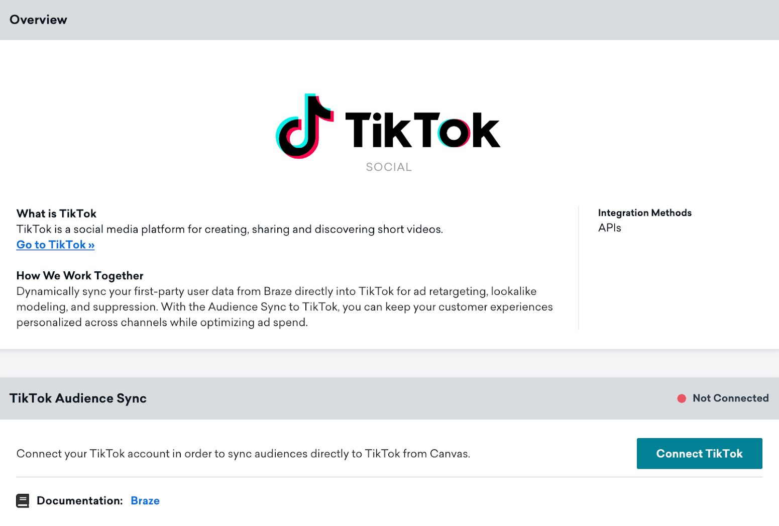 La page de la technologie TikTok dans Braze comprend une section Aperçu et une section Synchronisation de l'audience TikTok avec le bouton TikTok connecté.