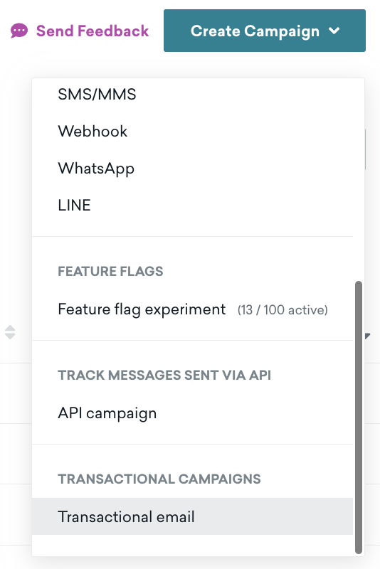 Créez une liste déroulante de campagne avec l'option en surbrillance pour l'e-mail transactionnel.
