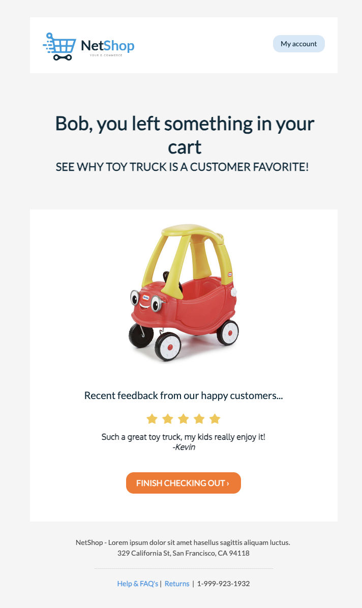 E-mail personnalisé contenant un avis sur un camion jouet que l'utilisateur a laissé dans son panier.