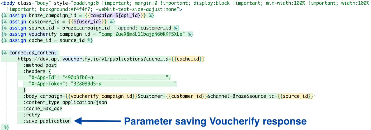 Script du contenu connecté permettant d'enregistrer une réponse Voucherify à la fin de l'appel au contenu connecté