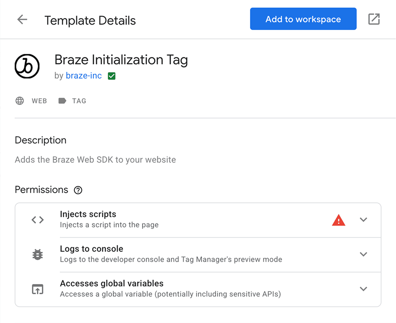 La page "Braze Initialization Tag" dans Google Tag Manager.