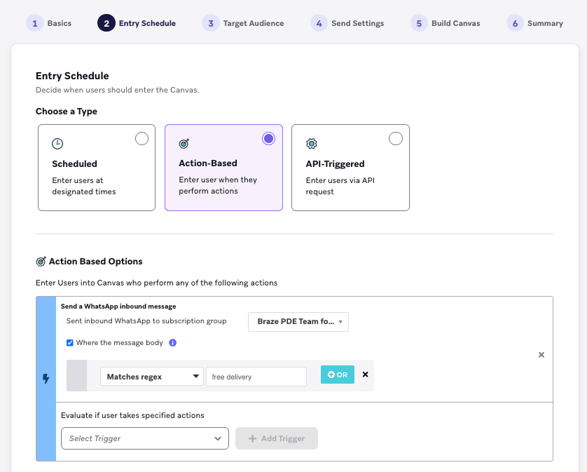 Planification d'entrée pour un Canvas Braze basé sur une action, avec l'événement déclencheur « Envoyer un message entrant WhatsApp » et un corps de message correspondant à l'expression régulière « livraison gratuite ».