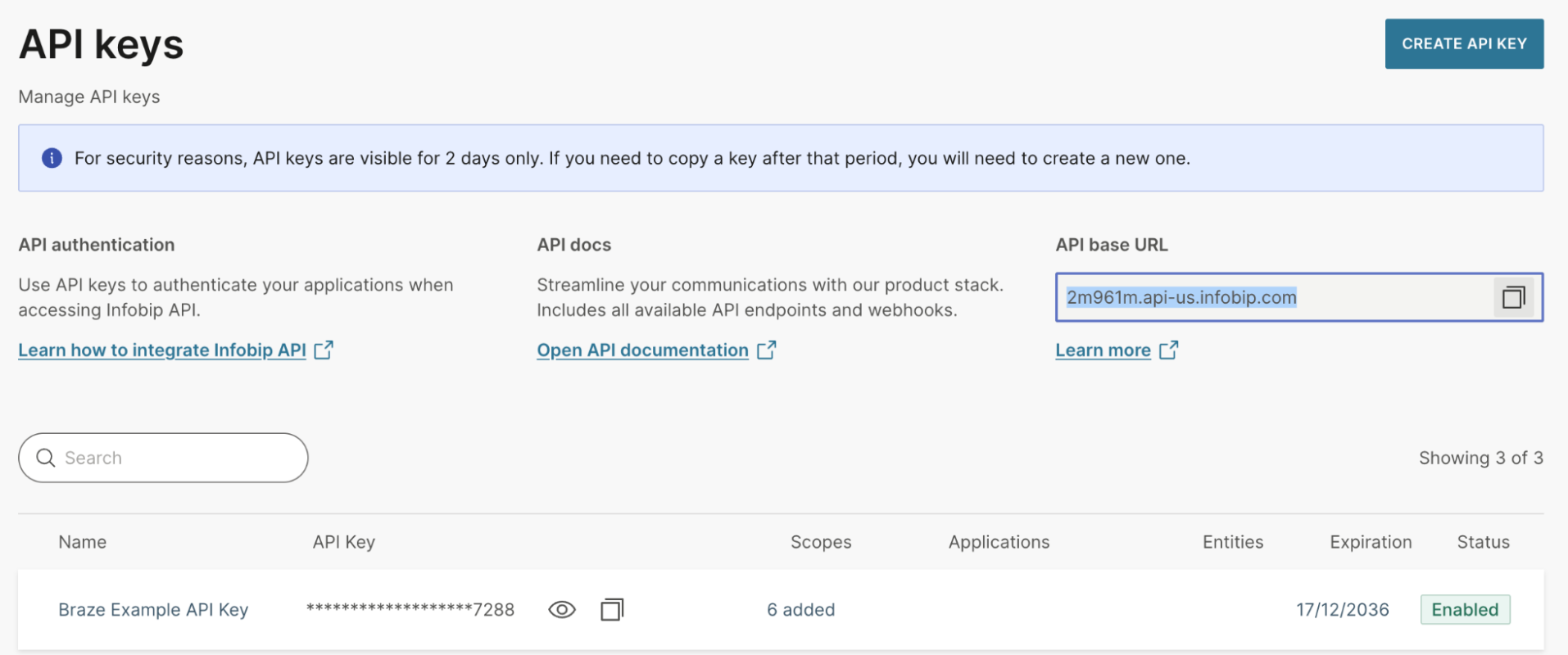 Page "clés API" avec mise en évidence de l'URl de base de l'API.