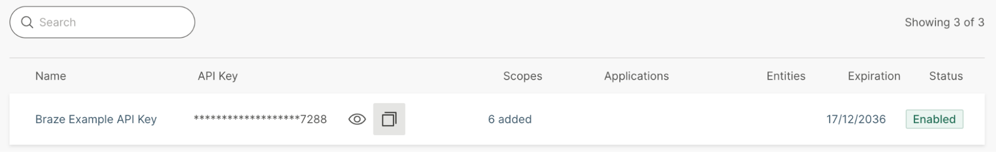 "Braze Example API clé" avec 6 champs d'application ajoutés.