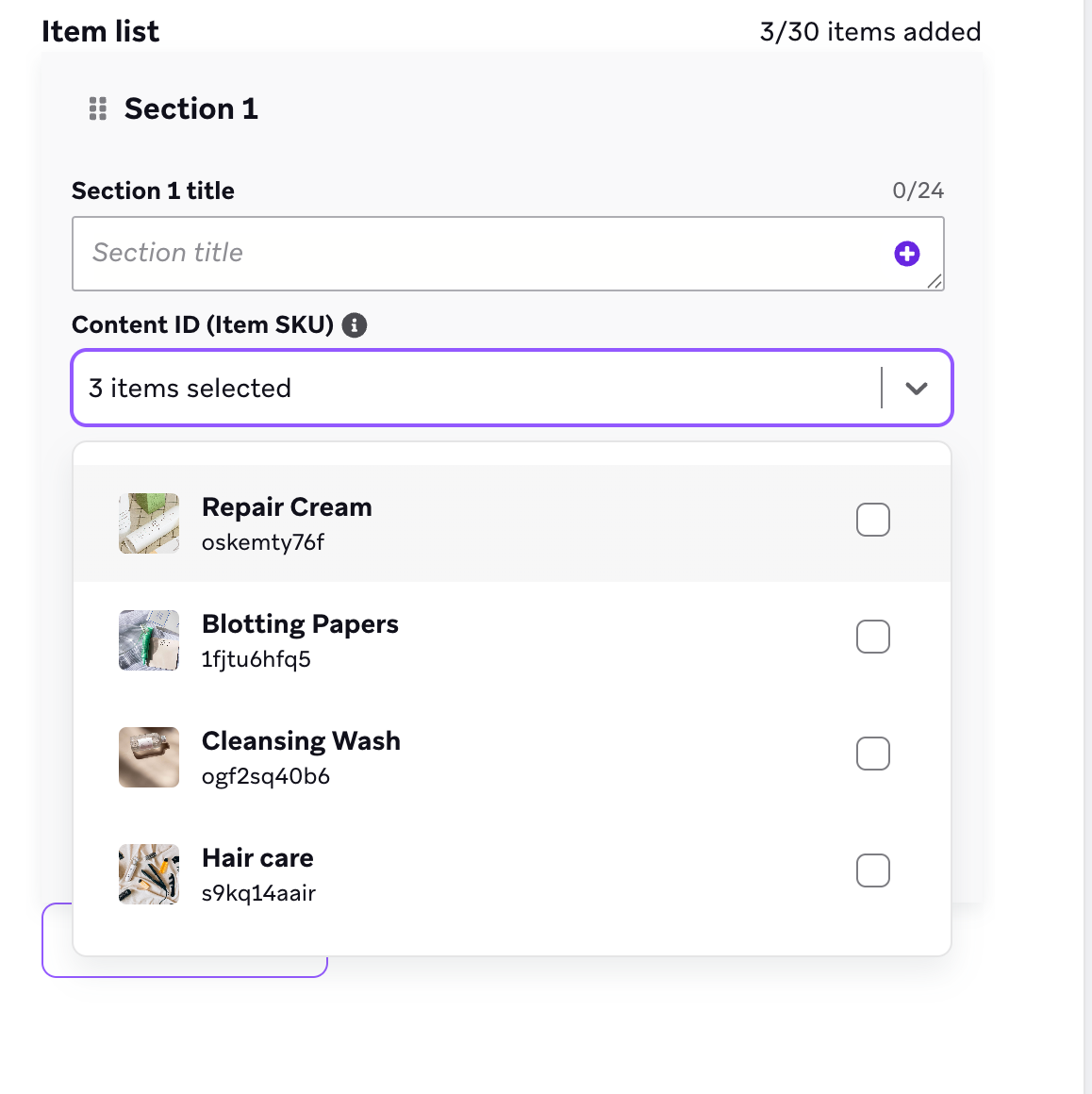Liste d'articles avec un menu déroulant d'articles à sélectionner.