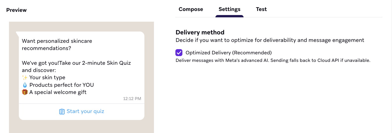 Compositeur de messages avec un onglet de prévisualisation comportant une case à cocher pour sélectionner la réception/distribution optimisée.
