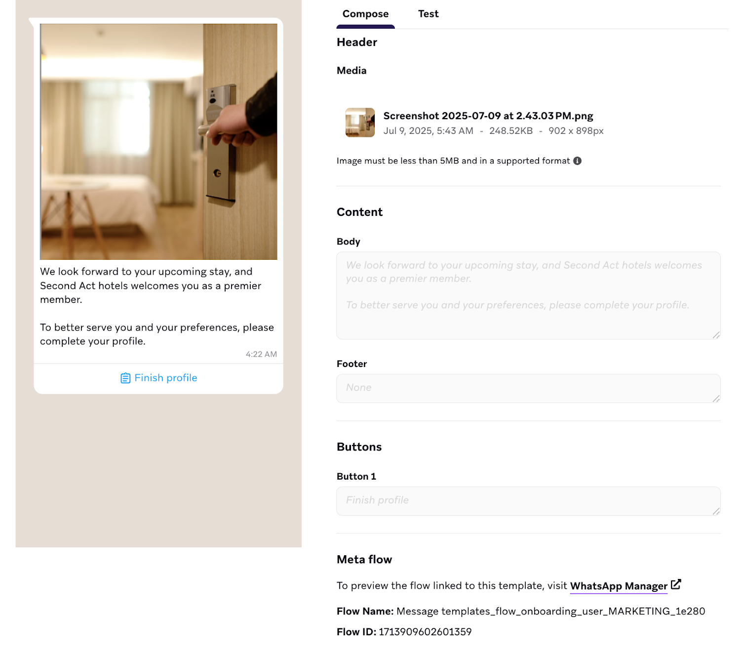 Composez votre message WhatsApp à l'aide d'un modèle de flux WhatsApp.
