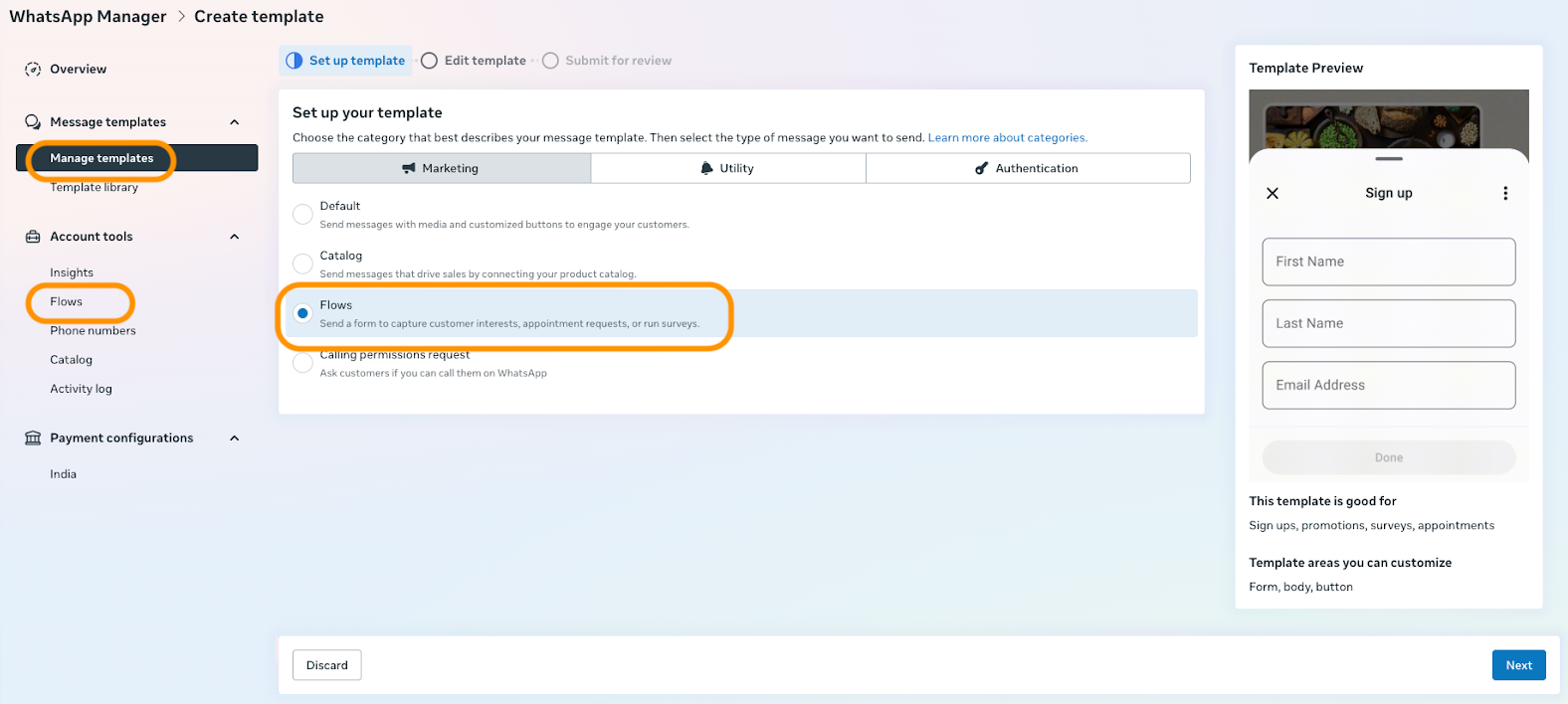 WhatsApp Manager avec une page pour créer un modèle de flux.