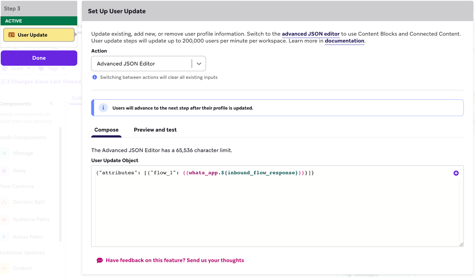 Étape de mise à jour par l'utilisateur avec un éditeur JSON avancé.