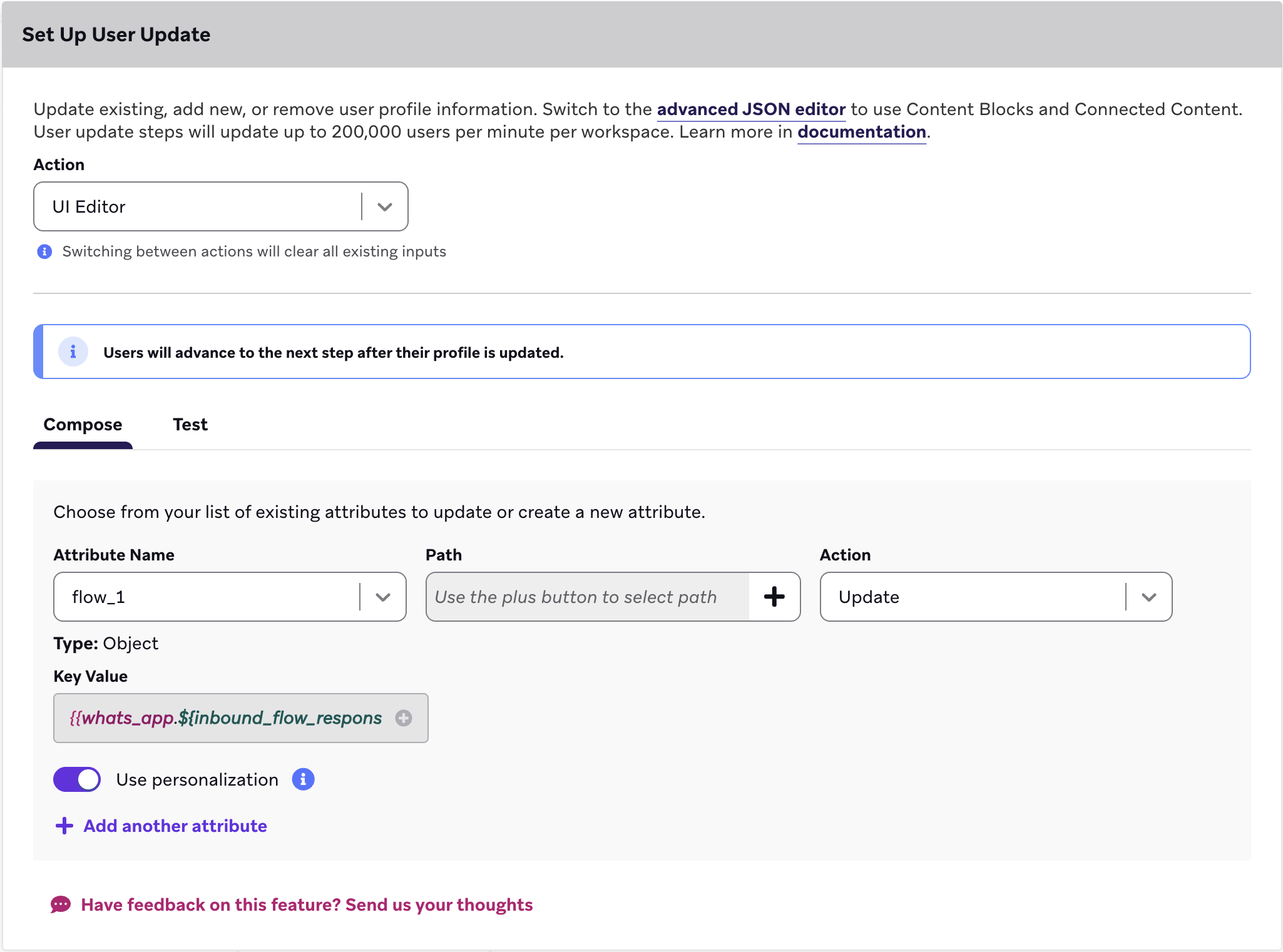 Étape de mise à jour de l'utilisateur qui utilise l'éditeur d'interface utilisateur.