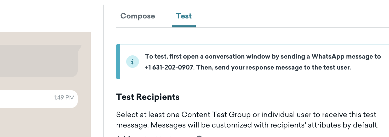 Alerte indiquant : « Pour effectuer un test, commencez par ouvrir une fenêtre de conversation en envoyant un message WhatsApp au +1 631-202-0907. Ensuite, envoyez votre message de réponse à l'utilisateur test. »