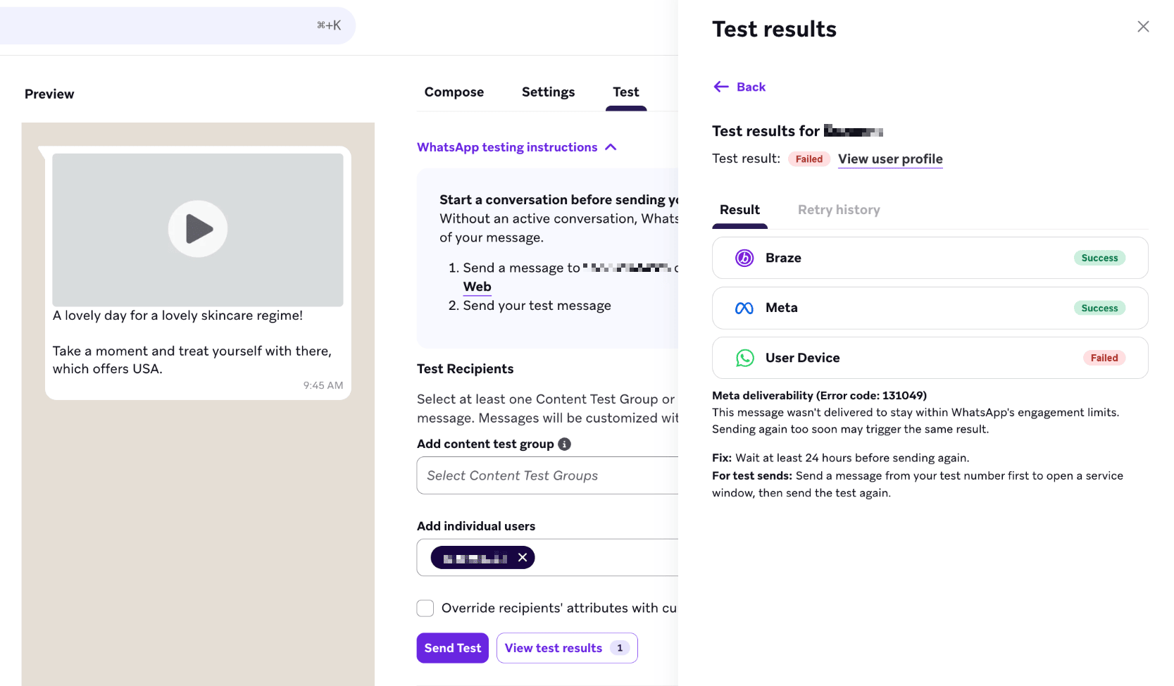 Panneau de résultats de test montrant deux envois test réussis et un envoi test échoué.