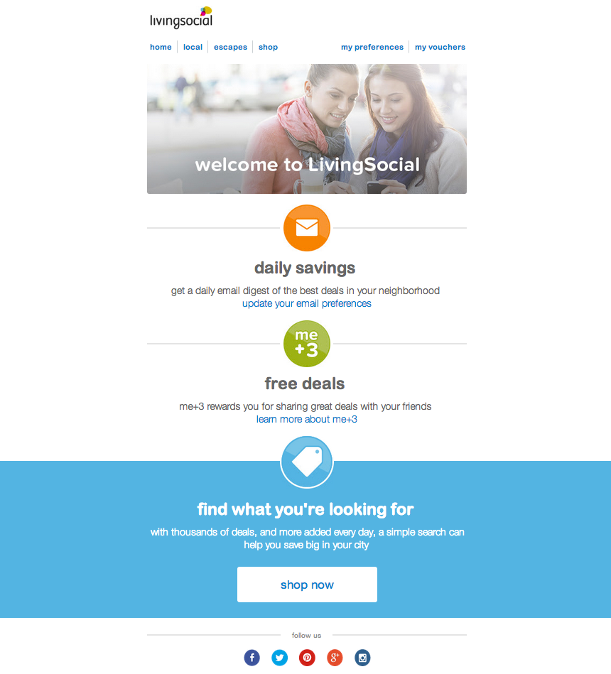 L'e-mail d'onboarding envoyé par LivingSocial qui accueille les nouveaux utilisateurs.