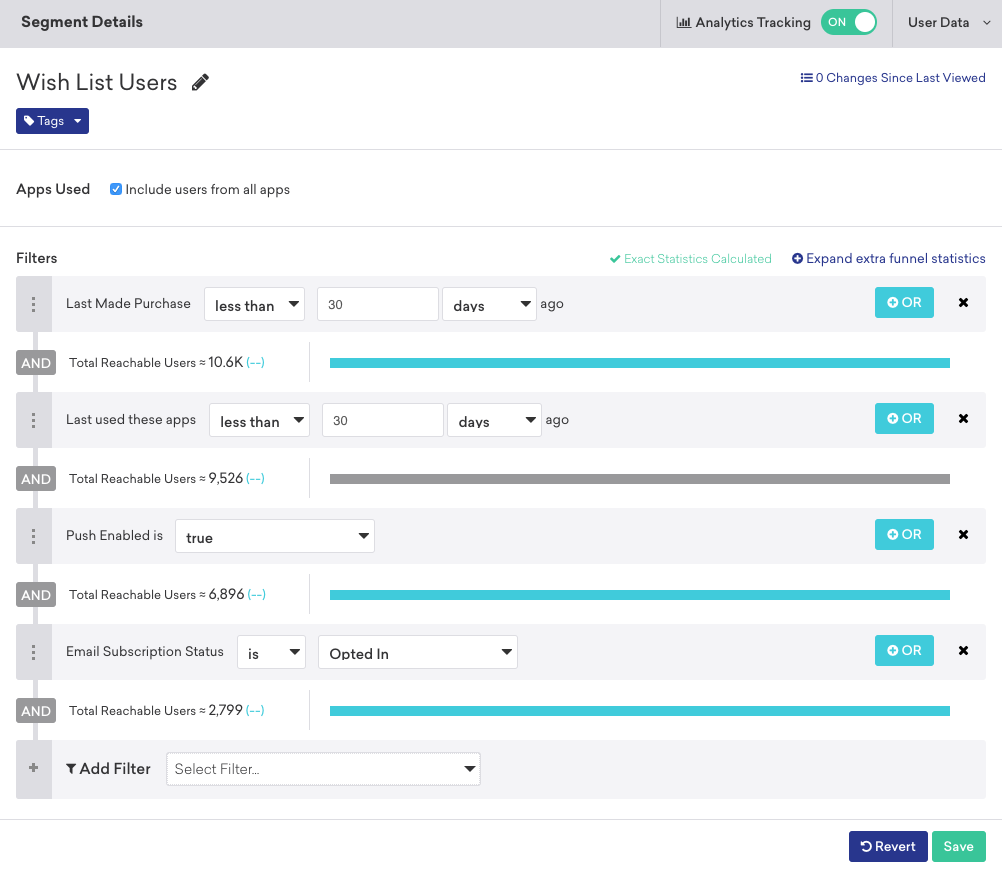 Entonnoir de segments pour une campagne par e-mail avec les filtres suivants : « Last Made Purchase less than 30 days ago (Dernier achat effectué il y a moins de 30 jours) », « Last used these apps less than 30 days ago (A utilisé ces applications pour la dernière fois il y a moins de 30 jours) », « Push Enabled is true (Notifications push activées) », et « Email Subscription Status is Opted In (Statut d’abonnement aux e-mails : abonné) » pour atteindre un total de 2 799 utilisateurs.