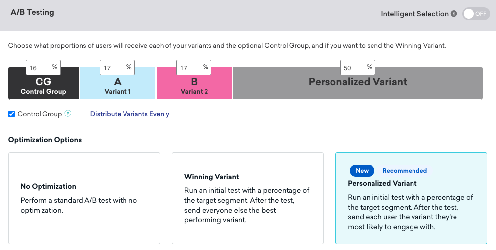 Options d’optimisation présentées dans la section de test A/B lorsque vous choisissez votre audience cible. Trois options sont présentées : Pas d’optimisation, Variante gagnante et Variante personnalisée. La variante personnalisée est sélectionnée.