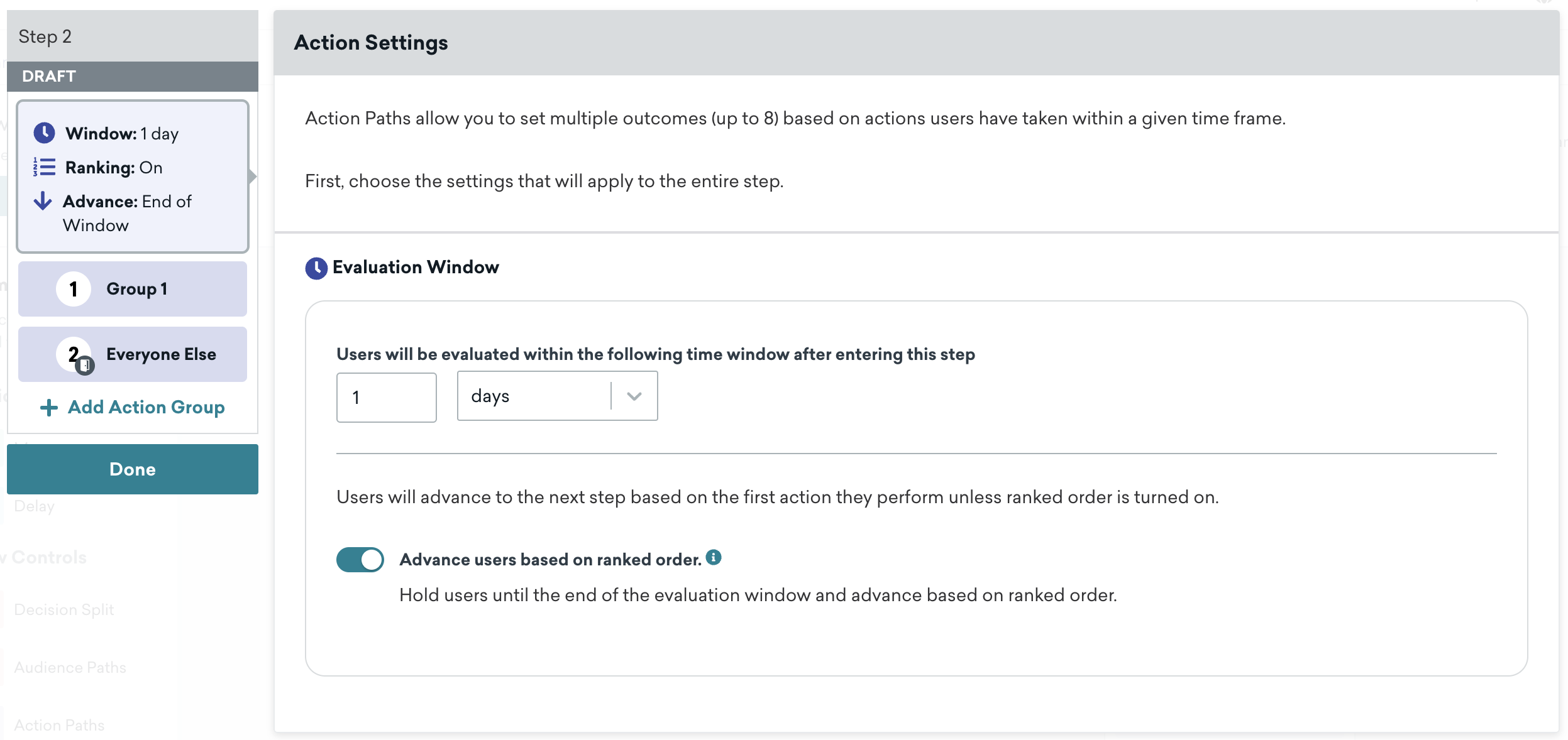 La deuxième étape du canvas, « Paramètres d'action », avec une fenêtre d'évaluation définie sur 1 jour.