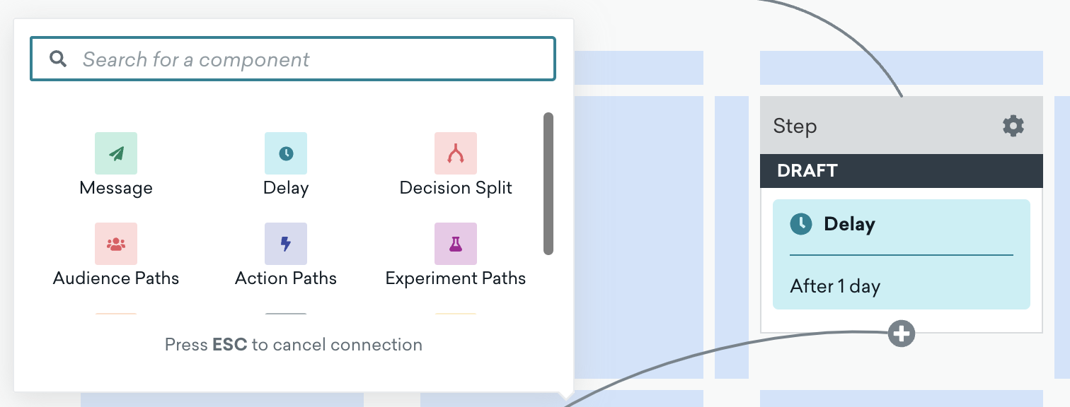 La fenêtre de recherche de composants ajoutant une étape de délai au Canvas Braze.