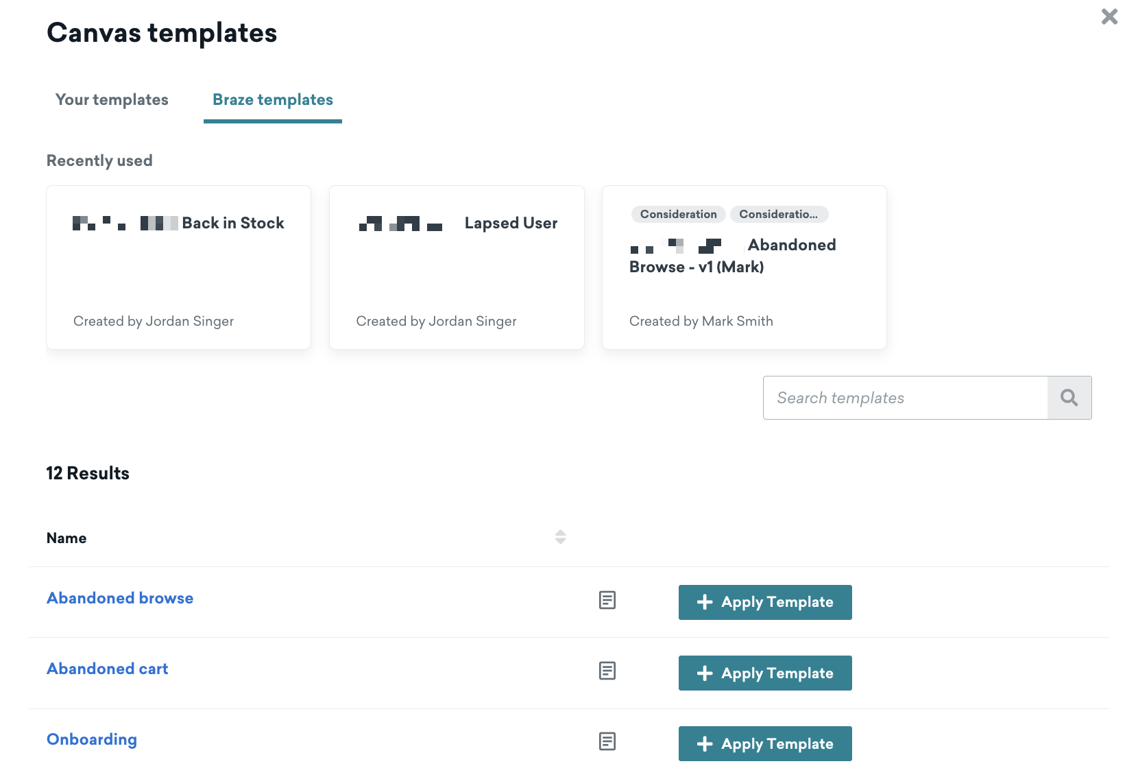 La page "Canvas templates" s'ouvre sur l'onglet "Braze templates" et affiche une liste des modèles récemment utilisés et des modèles de Braze sélectionnables.