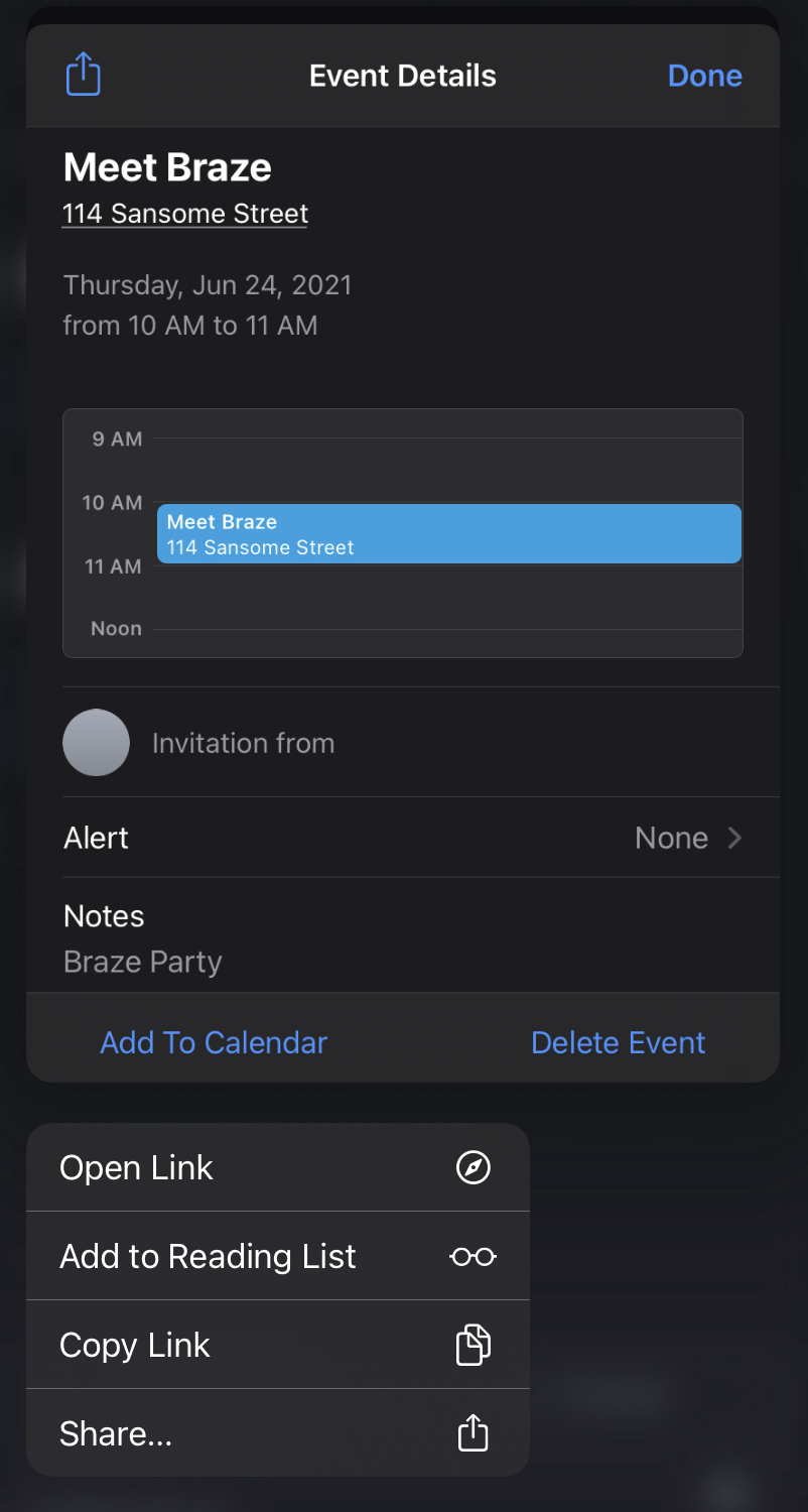 Fenêtre contextuelle iOS lorsque vous appuyez et maintenez un lien de calendrier, qui comprend un bouton « Ajouter au calendrier ».