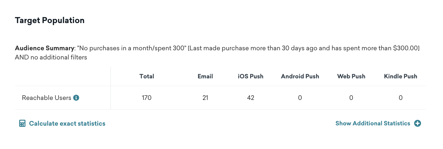Répartition de la population cible avec l'option de calculer les statistiques exactes.