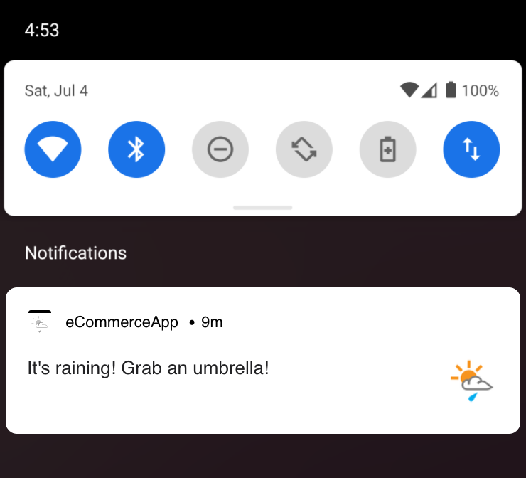 Envoie une notification push avec le message « Il pleut ! Prenez un parapluie ! »