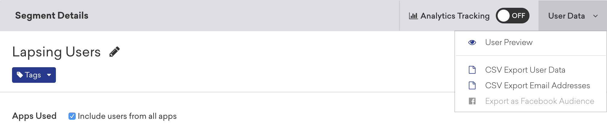 La section Détails du segment avec la liste déroulante Données de l'utilisateur affichant les options d'exportation.