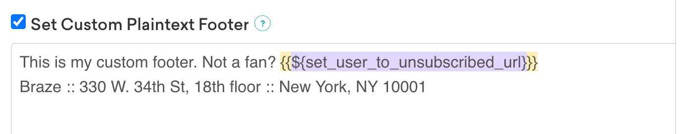 E-mail avec l'option Set Custom Plaintext Footer (Définir un pied de page en texte clair personnalisé) personnalisée.