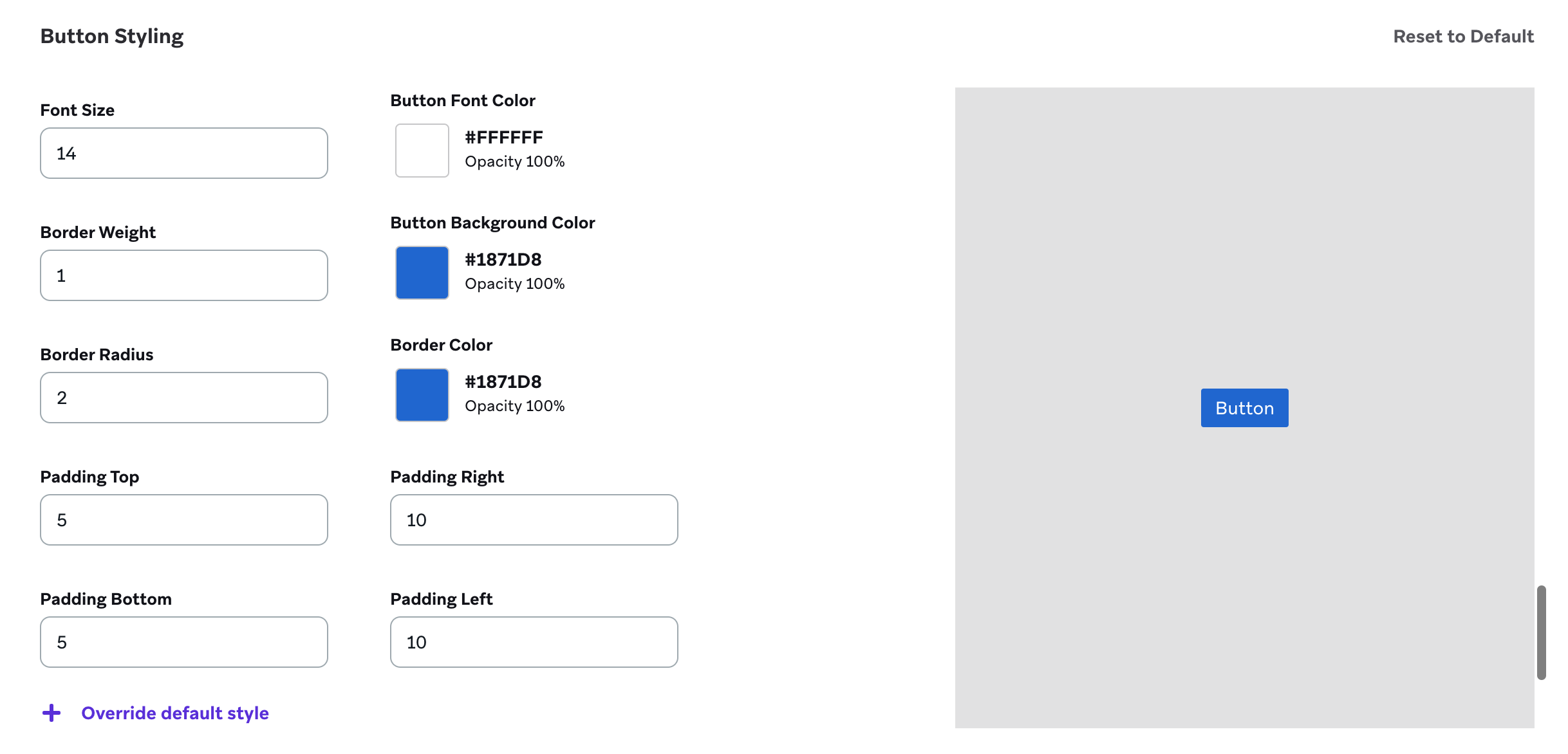 Paramètres de style des boutons pour un bouton rectangulaire avec un arrière-plan bleu.