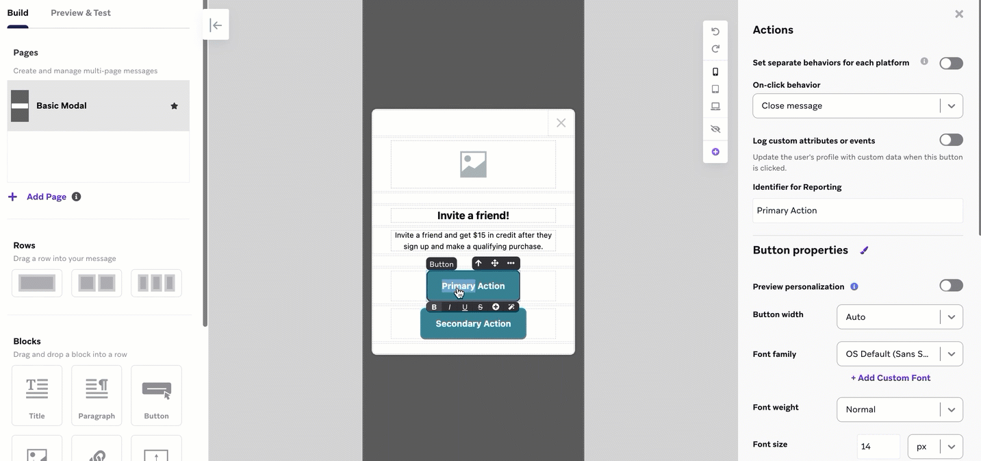 GIF montrant la création d'un message in-app promotionnel.