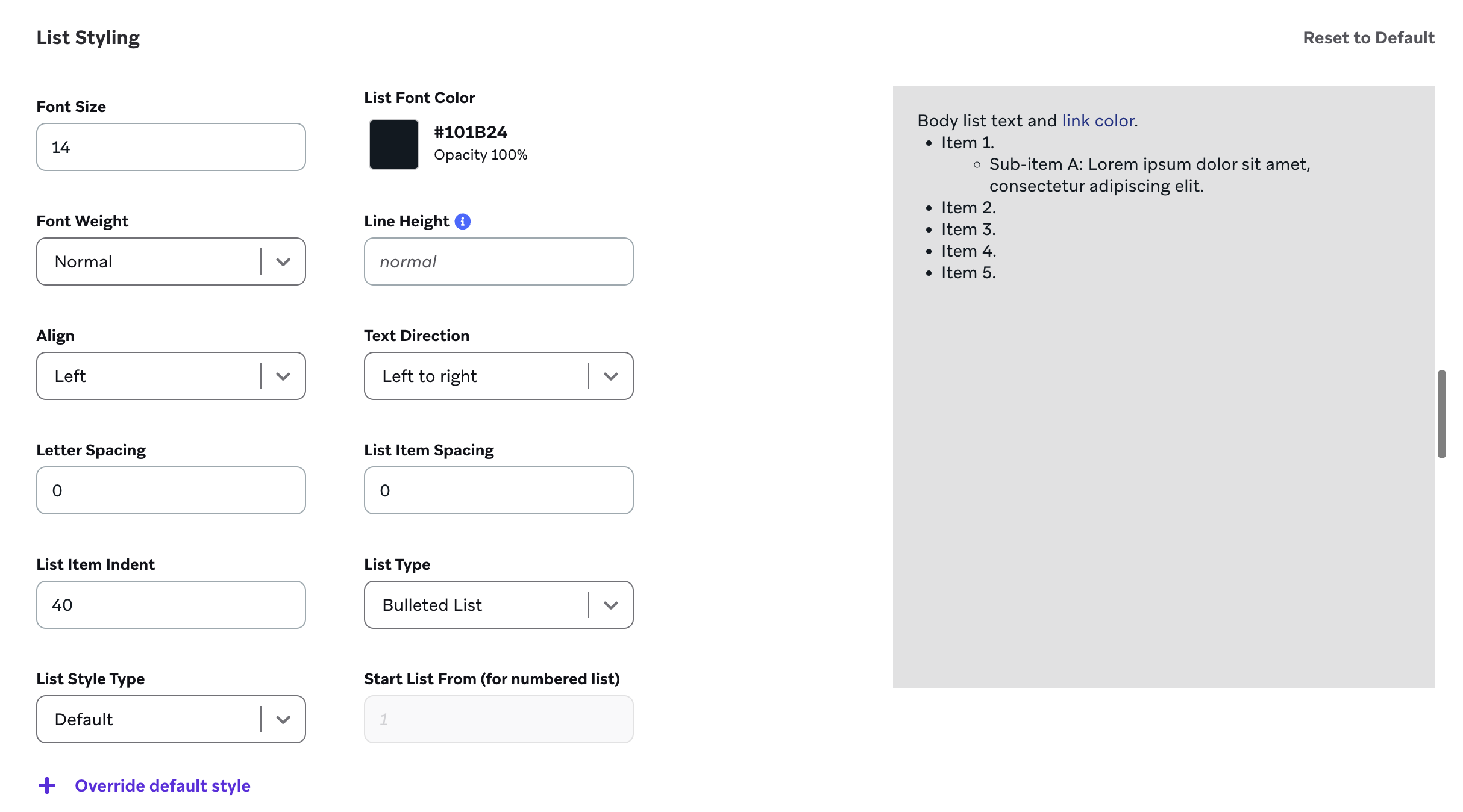 Paramètres de style des listes pour une liste à puces.
