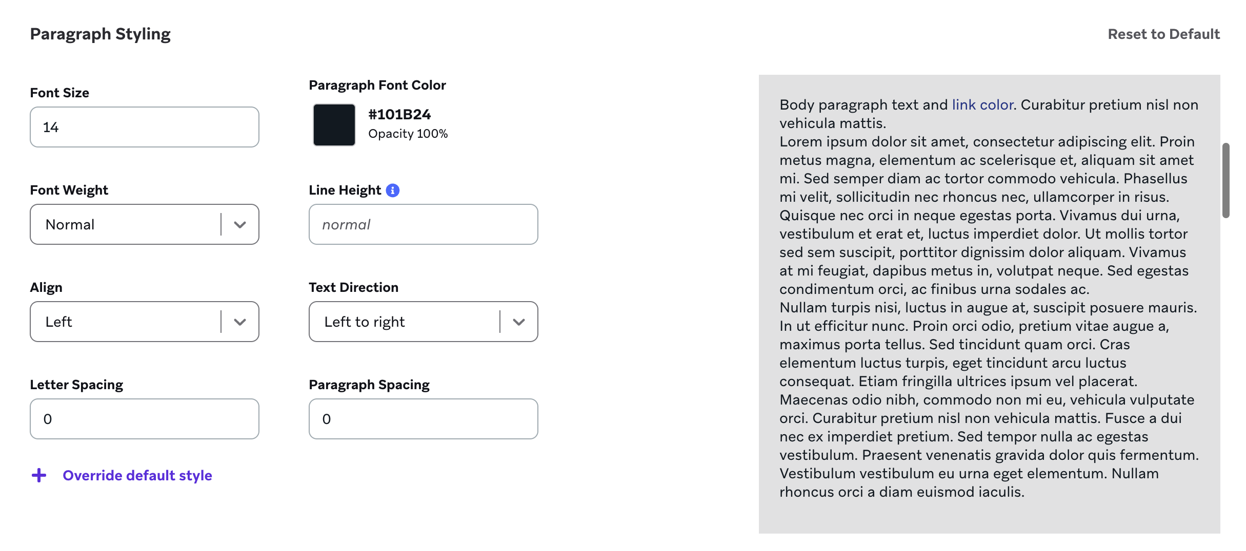 Paramètres de style des paragraphes pour un texte avec une police de 14 pt.