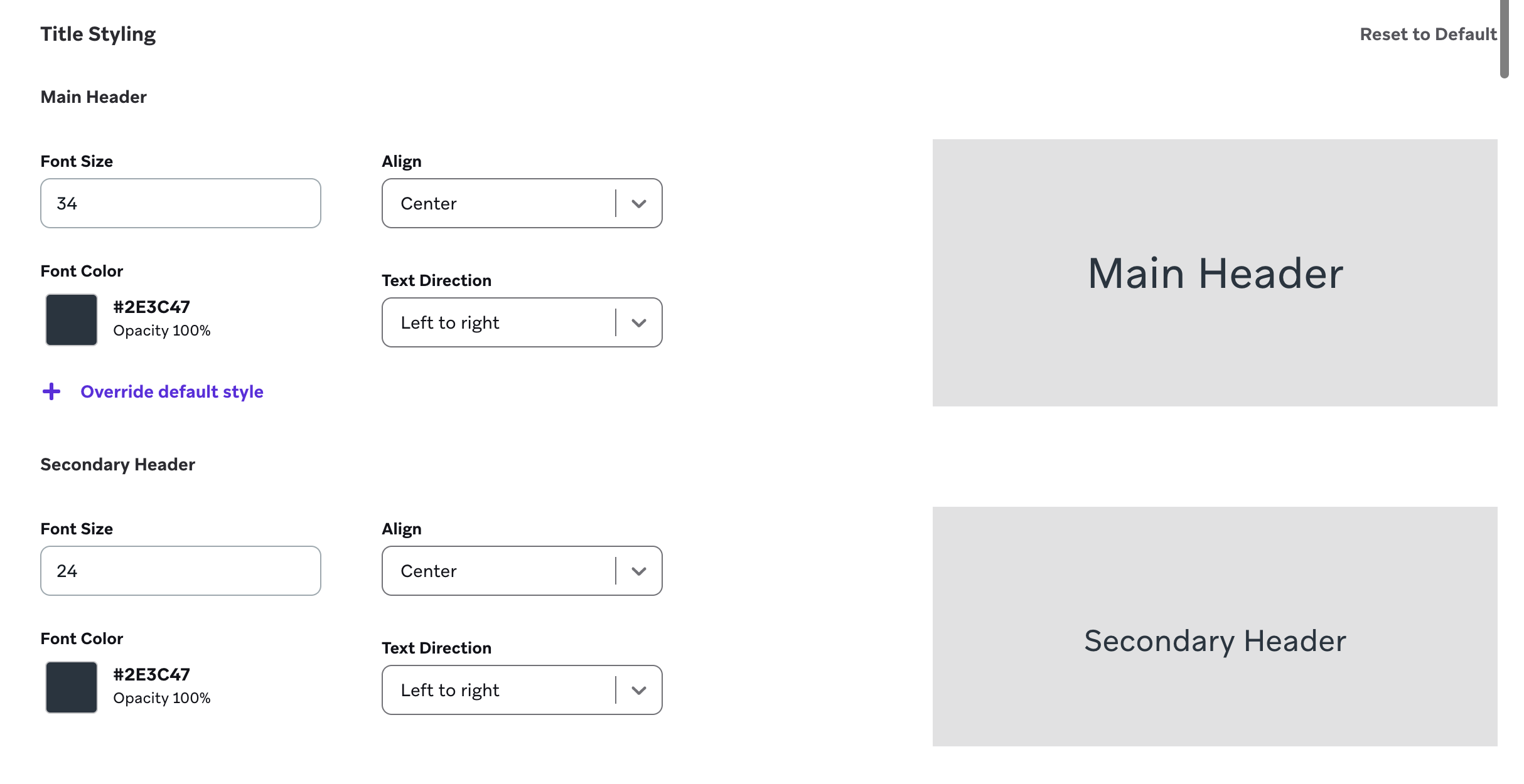Paramètres de style des titres pour un en-tête principal et un en-tête secondaire alignés au centre.