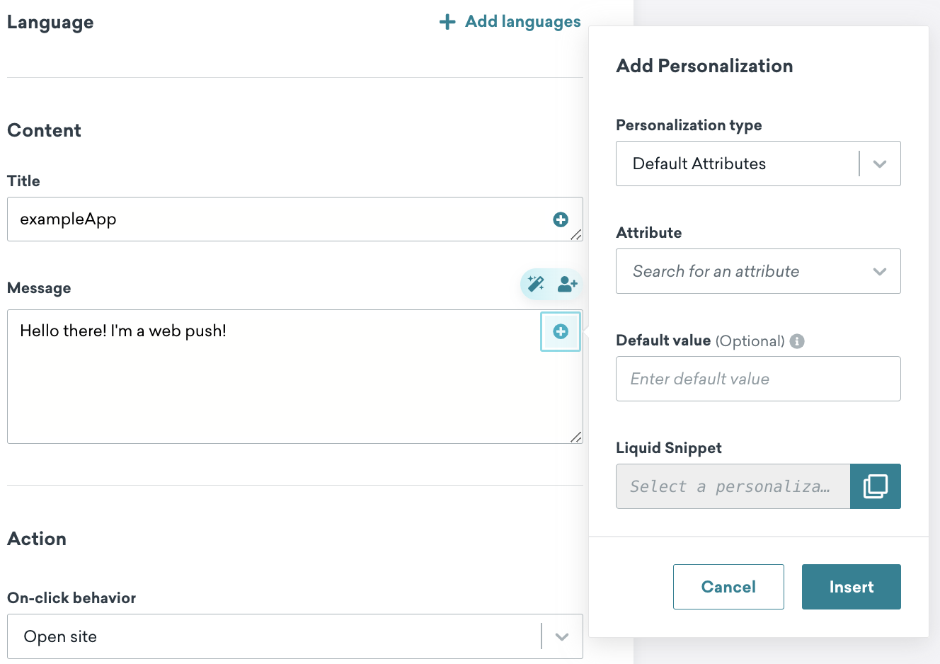 La fenêtre modale/boîte de dialogue de personnalisation qui apparaît après avoir sélectionné insérer une personnalisation. La fenêtre modale comporte des champs pour le type de personnalisation, l'attribut, la valeur par défaut facultative, et affiche un aperçu de la syntaxe du dialogue modal etc.