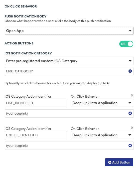 Le tableau de bord de la campagne de notification push avec la configuration des catégories personnalisées.