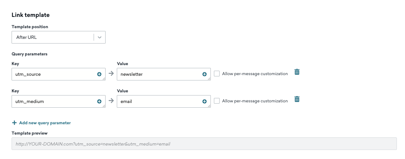 Les champs Position du modèle, Paramètres de la requête et Aperçu du modèle pour le processus d'insertion du modèle de lien après un URL.